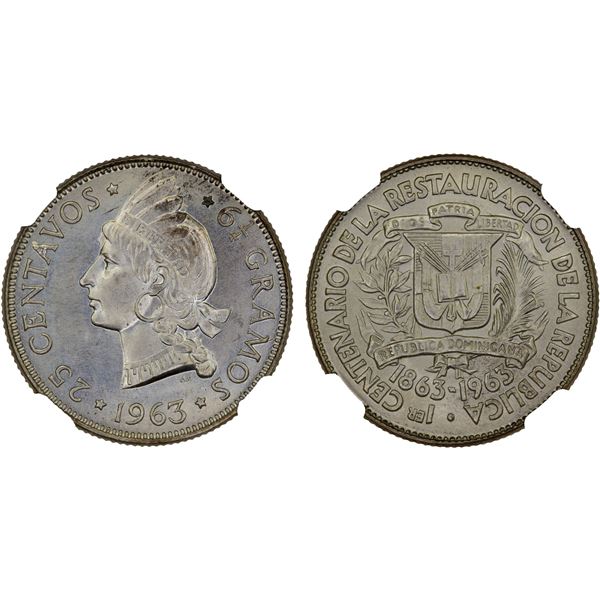 DOMINICAN REPUBLIC: Republic, AR 25 centavos, 1963, NGC MS67