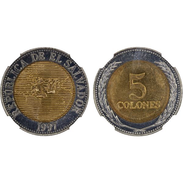 EL SALVADOR: Republic, 5 colones, 1997, NGC MS63