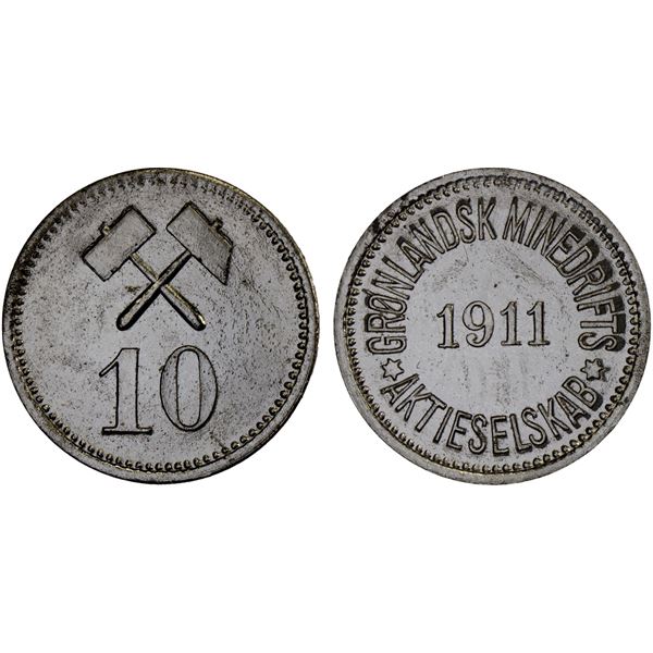 GREENLAND: Danish Colony, 10 øre (1.29g), 1911, Choice UNC