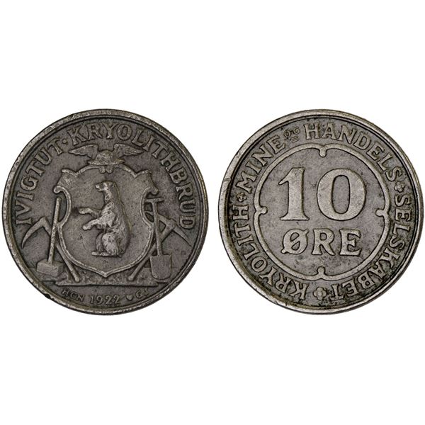 GREENLAND: Danish Colony, 10 øre (2.42g), 1922, Choice VF
