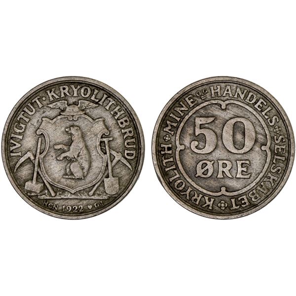GREENLAND: Danish Colony, 50 øre (4.12g), 1922, VF