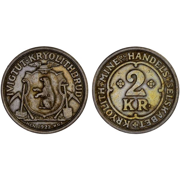 GREENLAND: Danish Colony, 2 kroner (8.08g), 1922, VF
