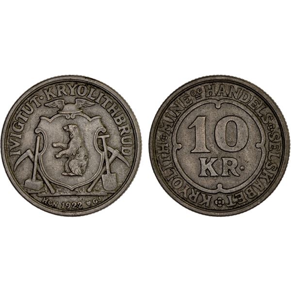 GREENLAND: Danish Colony, 10 kroner (11.75g), 1922, Choice VF