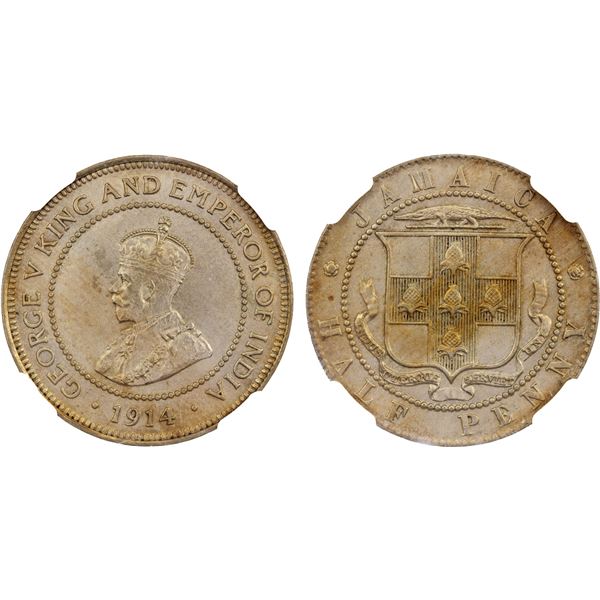 JAMAICA: George V, 1910-1936, 1/2 penny, 1914, NGC MS63