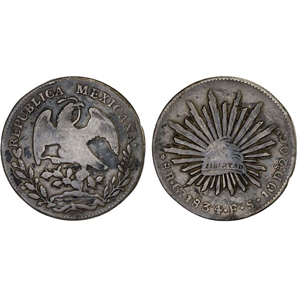 MEXICO: Republic, AR 8 reales (26.43g), Guadalajara, 1834/3-Ga, VG-F
