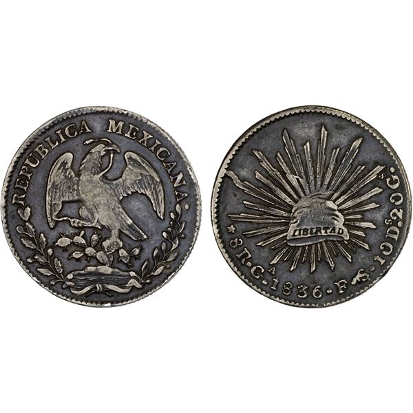 MEXICO: Republic, AR 8 reales (26.91g), Guadalajara, 1836-Ga, F-VF