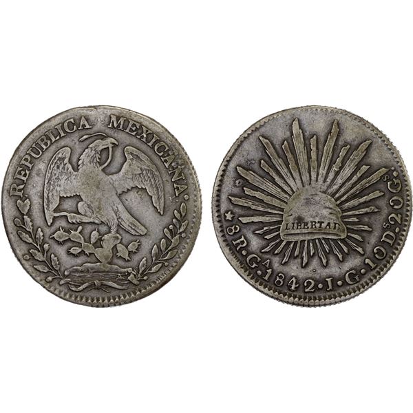 MEXICO: Republic, AR 8 reales (26.77g), Guadalajara, 1842/1-Ga, Fine