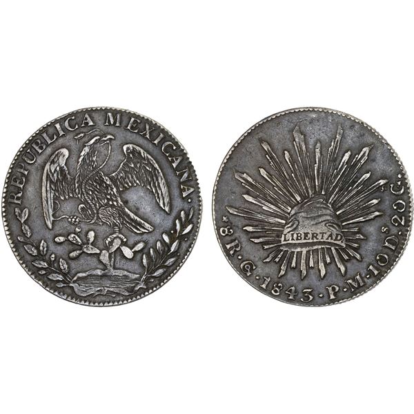 MEXICO: Republic, AR 8 reales (26.99g), Guanajuato, 1843-Go, VF