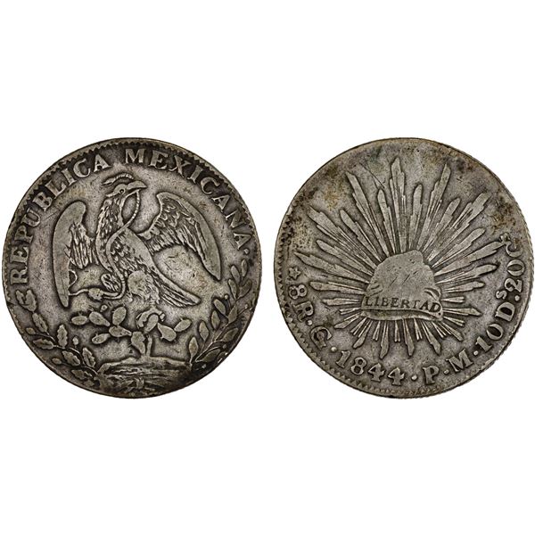 MEXICO: Republic, AR 8 reales (26.59g), Guanajuato, 1844-Go, F-VF