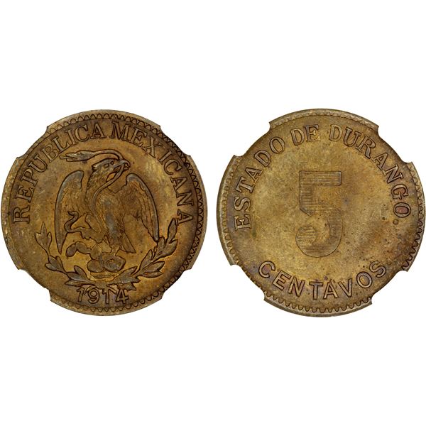 MEXICO: Revolutionary Issue, brass 5 centavos, Durango, 1914, NGC MS63