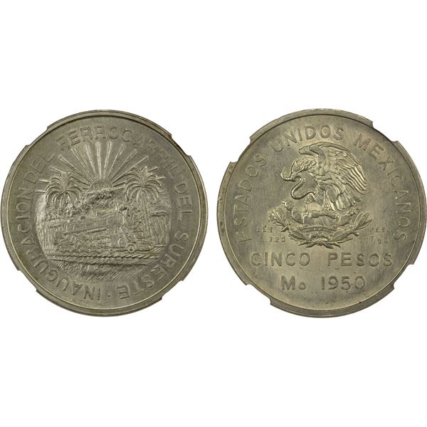 MEXICO: Estados Unidos, AR 5 pesos, 1950-Mo, NGC MS63