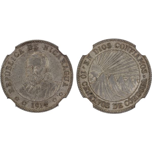 NICARAGUA: Republic, AR 10 centavos, 1914-H, NGC MS62