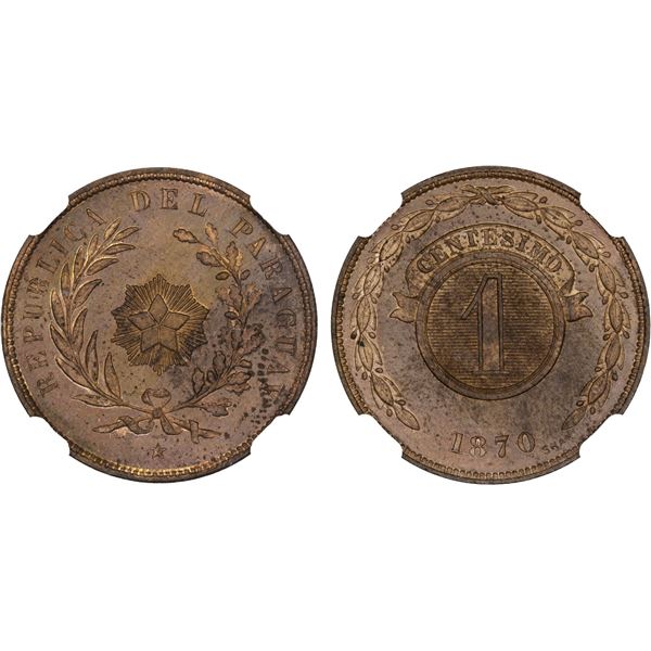 PARAGUAY: Republic, AE centesimo, 1870, NGC MS64 RB