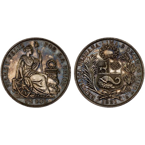 PERU: Republic, AR sol, 1891, AU