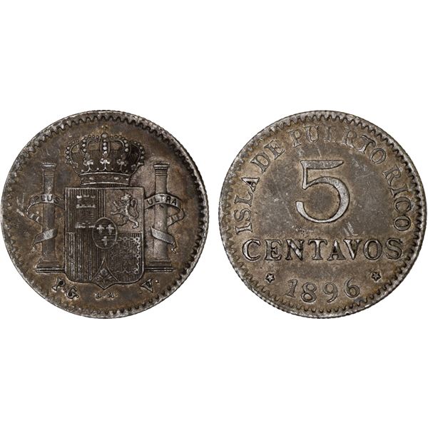 PUERTO RICO: Alfonso XIII, 1886-1898, AR 5 centavos, 1896, Choice VF