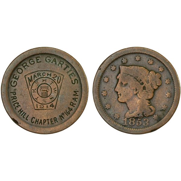 UNITED STATES: AE cent (9.53g), 1853, VF on VG host