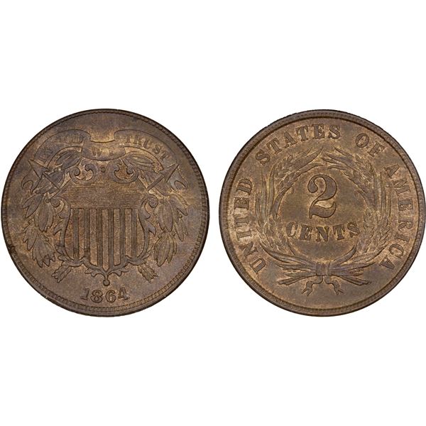 UNITED STATES: AE 2 cents, 1864, ANACS MS63 RB