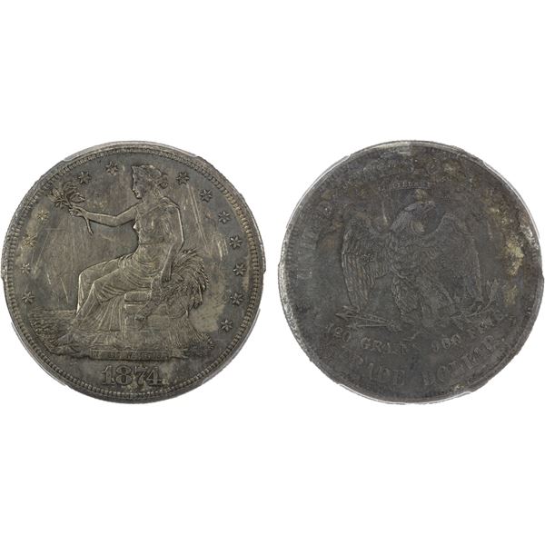UNITED STATES:  AR trade dollar, 1874, PCGS XF details