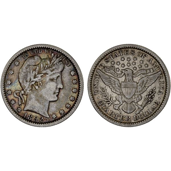 UNITED STATES:  AR 25 cents, 1892, VF-XF