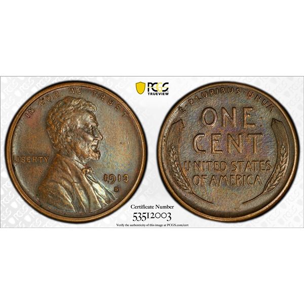 UNITED STATES: AE cent, 1913-S, PCGS AU details