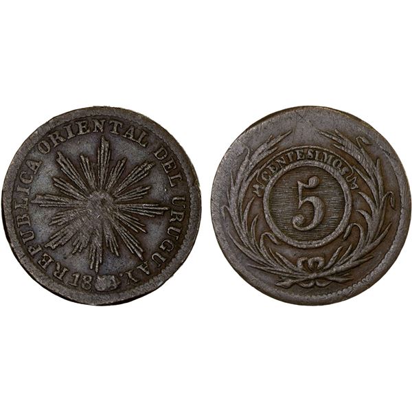 URUGUAY: Republic, AE 5 centesimos, 1854/40, VF
