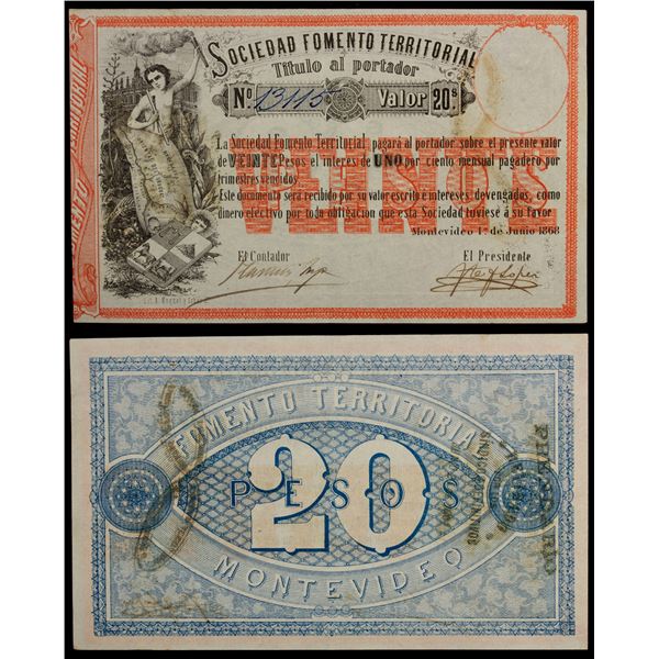 URUGUAY: Republic, 20 pesos, 1.6.1868, XF