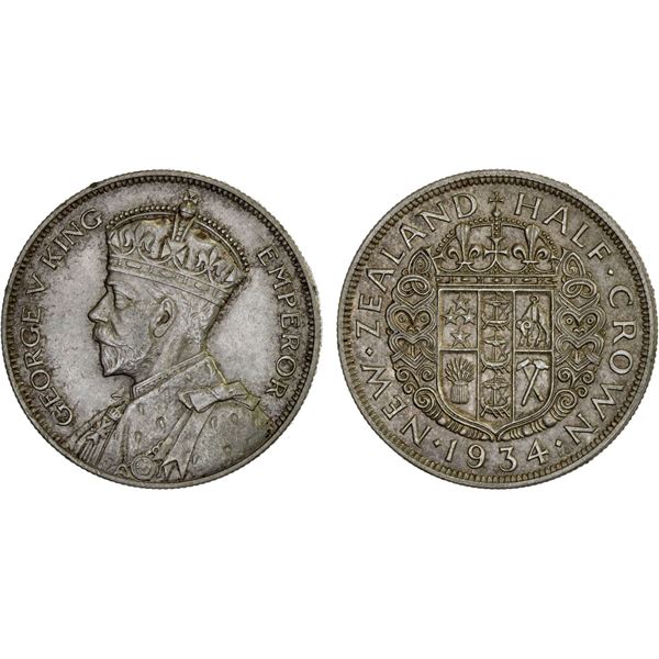 NEW ZEALAND: George V, 1910-1936, AR 1/2 crown, 1934, AU