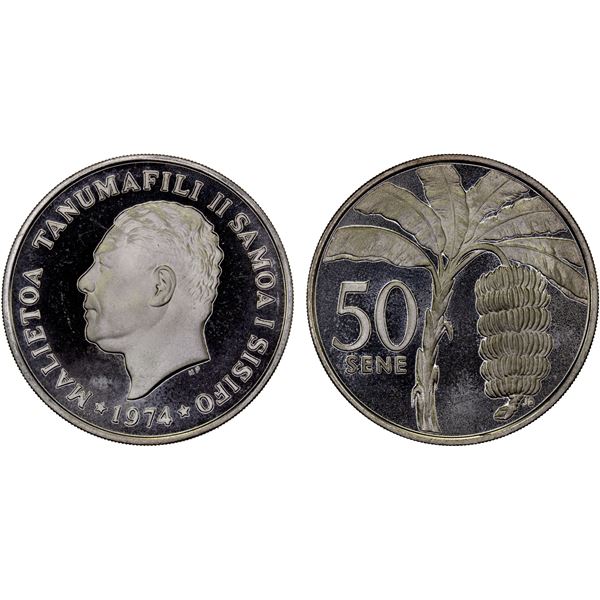 SAMOA: Malietoa Tanumafili II, 1962-2007, AR 50 senti, 1974, Proof