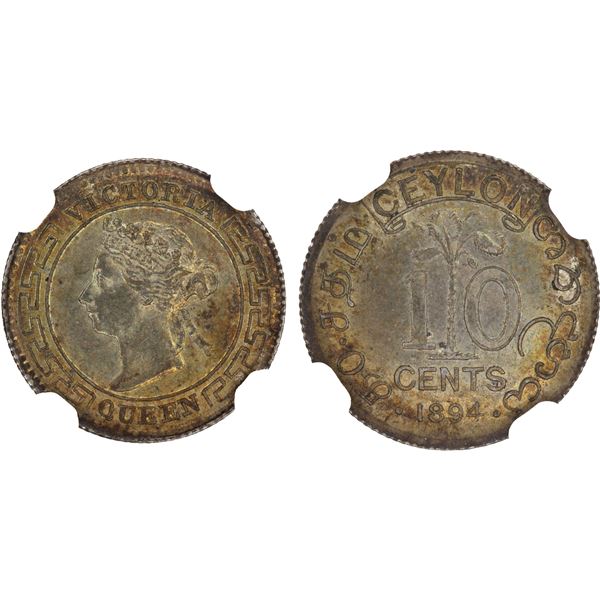 CEYLON: Victoria, 1837-1901, AR 10 cents, 1894, NGC MS64