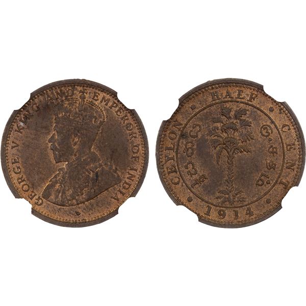 CEYLON: George V, 1910-1936, AE 1/2 cent, 1914, NGC MS63 RB