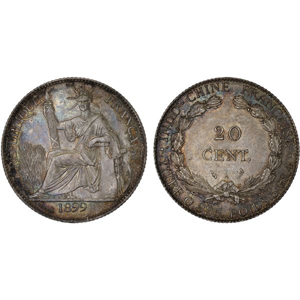 FRENCH INDOCHINA: AR 20 cents, 1899-A, Choice XF