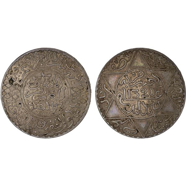 MOROCCO: 'Abd al-'Aziz, 1894-1908, AR 5 dirhams, Birmingham, AH1320, XF