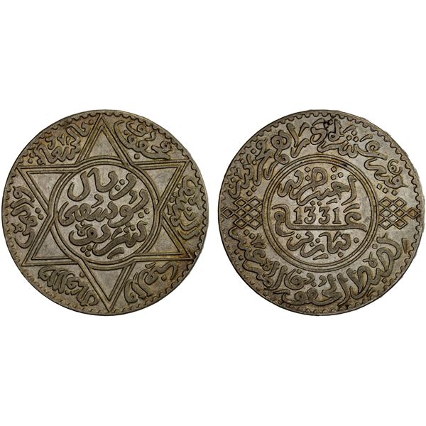 MOROCCO: Yusuf, 1912-1927, AR 10 dirhams (rial), Paris, AH1331, VF-XF