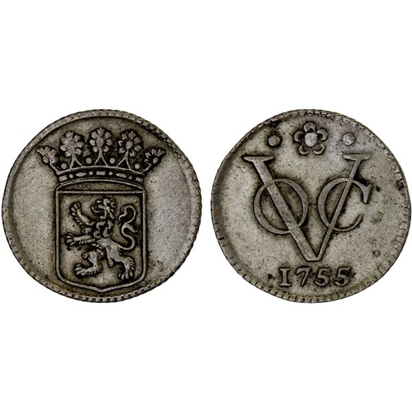NETHERLANDS EAST INDIES: United East India Company, AR 1/2 duit (1.55g), 1755, XF
