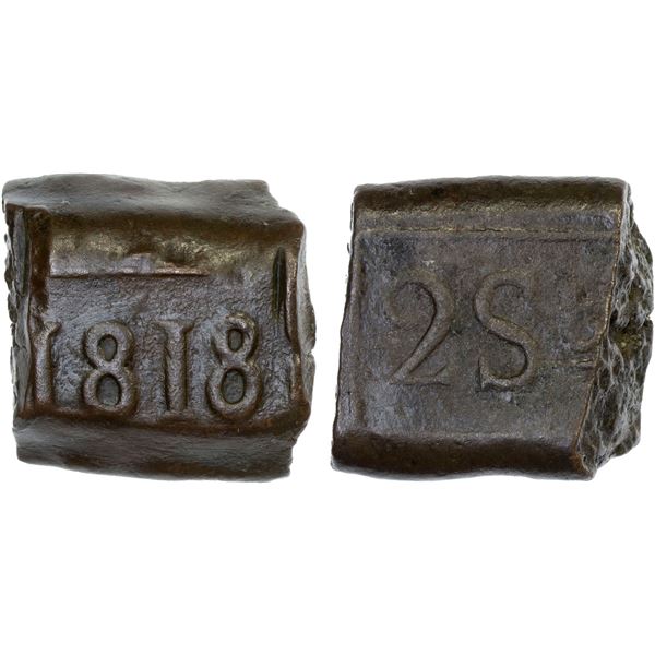 NETHERLANDS EAST INDIES: Willem I, 1815-1840, AE 2 stuiver (29.58g), 1818, VF