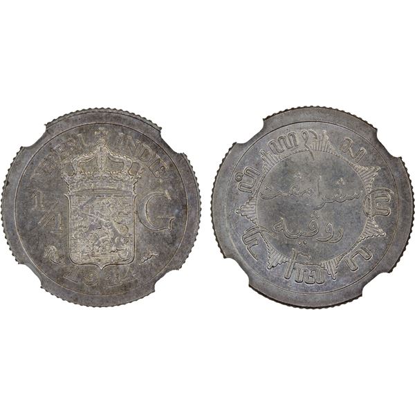 NETHERLANDS EAST INDIES: Dutch Colony, AR 1/4 gulden, Utrecht, 1914, NGC MS65