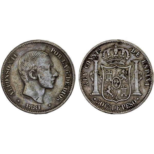 PHILIPPINES: Alfonso XII, 1874-1885, AR 50 centavos, 1881, VF