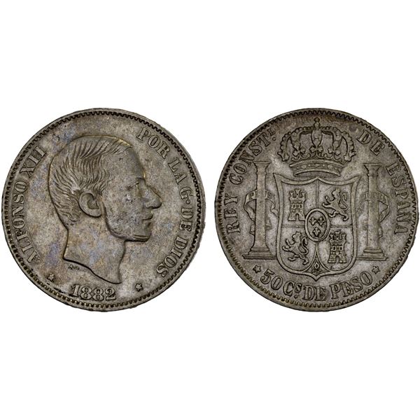 PHILIPPINES: Alfonso XII, 1874-1885, AR 50 centavos, 1882, VF