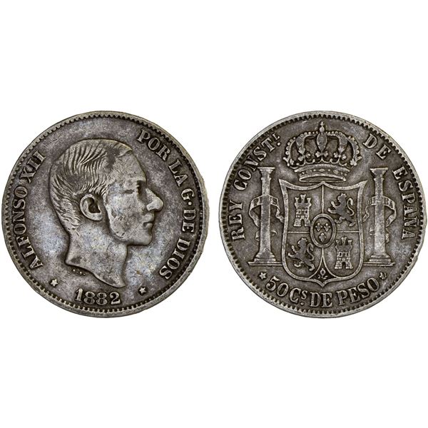 PHILIPPINES: Alfonso XII, 1874-1885, AR 50 centavos, 1882, VF