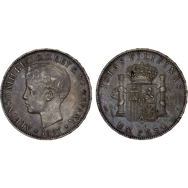 PHILIPPINES: Alfonso XIII, 1886-1898, AR peso, 1897, XF