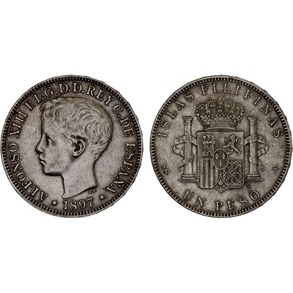 PHILIPPINES: Alfonso XIII, 1886-1898, AR peso, 1897, XF