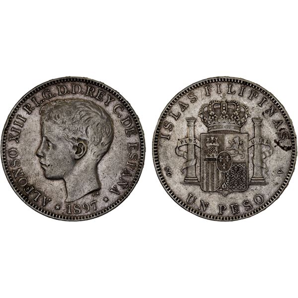 PHILIPPINES: Alfonso XIII, 1886-1898, AR peso, 1897, XF