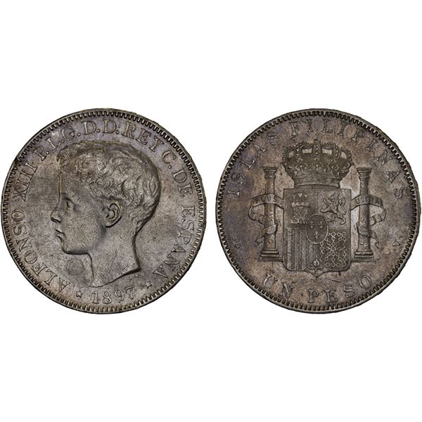 PHILIPPINES: Alfonso XIII, 1886-1898, AR peso, 1897, XF