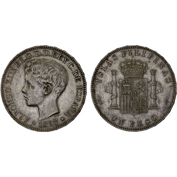 PHILIPPINES: Alfonso XIII, 1886-1898, AR peso, 1897, XF