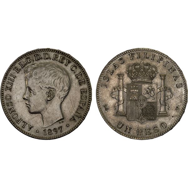 PHILIPPINES: Alfonso XIII, 1886-1898, AR peso, 1897, XF
