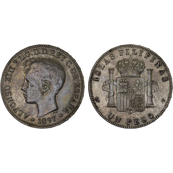 PHILIPPINES: Alfonso XIII, 1886-1898, AR peso, 1897, XF