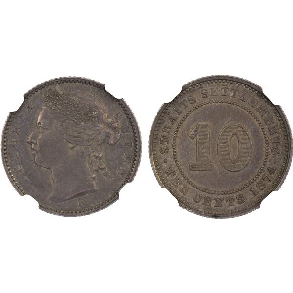STRAITS SETTLEMENTS: Victoria, 1867-1901, AR 10 cents, 1874-H, NGC AU55