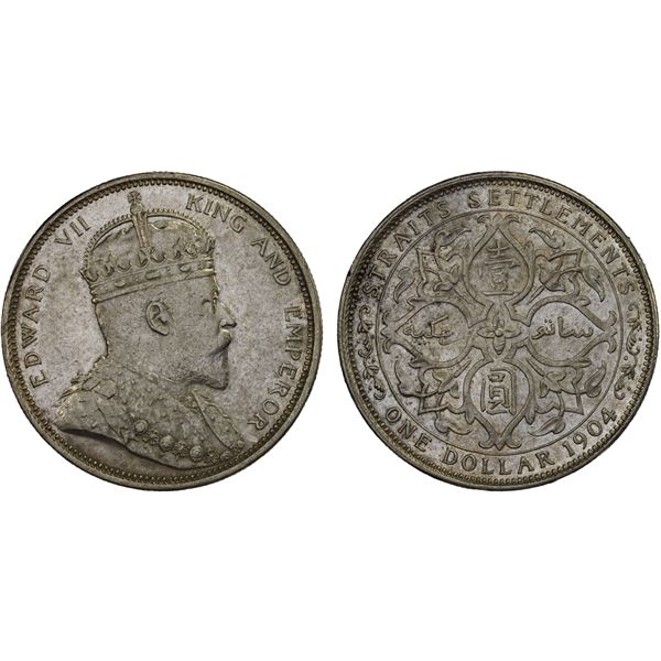 STRAITS SETTLEMENTS: Edward VII, 1901-1910, AR dollar, 1904-B, Choice XF
