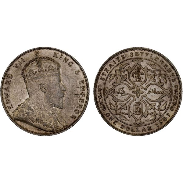 STRAITS SETTLEMENTS: Edward VII, 1901-1910, AR dollar, 1907, AU