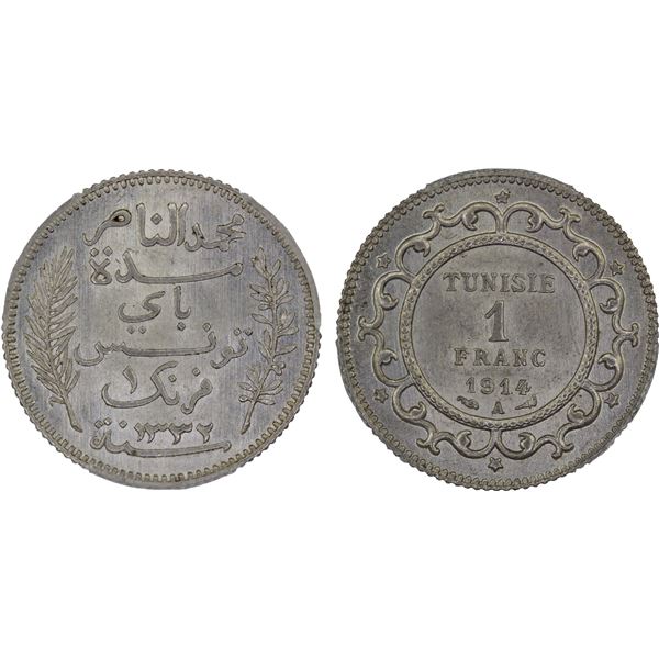 TUNISIA: French Colony, AR franc, Paris, 1914/AH1332-A, PCGS MS65